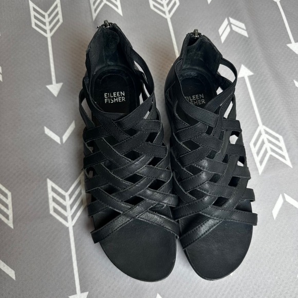 Eileen‎ Fisher Woven Gladiator Sandals Black Leather Strappy Zip Up 7.5 & 8 READ - Picture 1 of 9